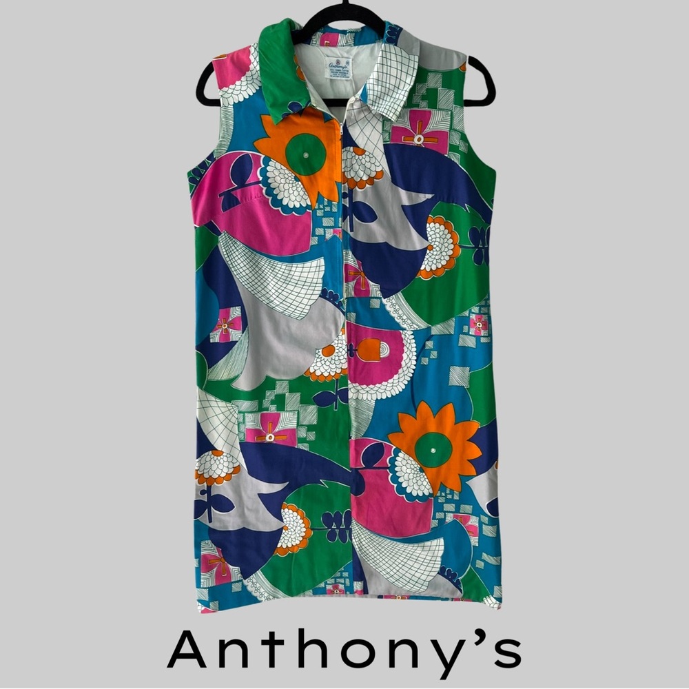 VINTAGE ANTHONY’S 1960’S ZIP UP MINI DRESS WITH POCKETS - MULTI COLOR - SZ SMALL